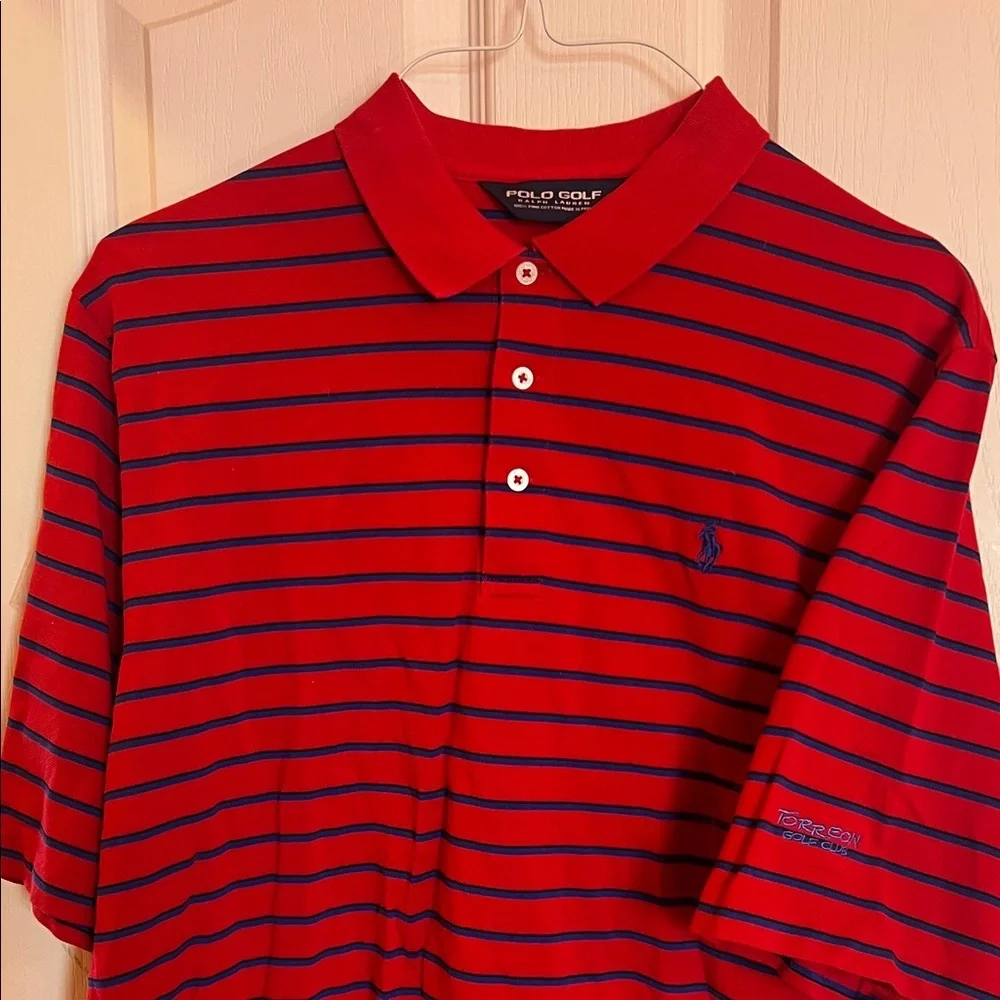 Ralph LaurenGolf Torreon Golf Club Red and Blue Striped Polo Shirt Lg